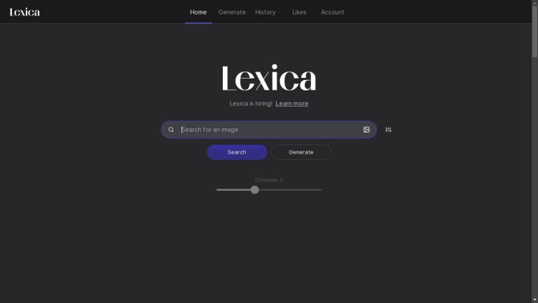 A computer screen displaying the Lexica search engine homepage with a search bar and options to sign up or log in.