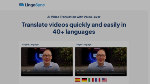 A computer screen displaying the user interface of LingoSync AI, with various language options and a video translation in progress.