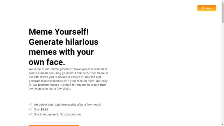 A screenshot of the Meme Yourself website showing the personalized meme feature, user data security, pricing models, and frequently asked questions.