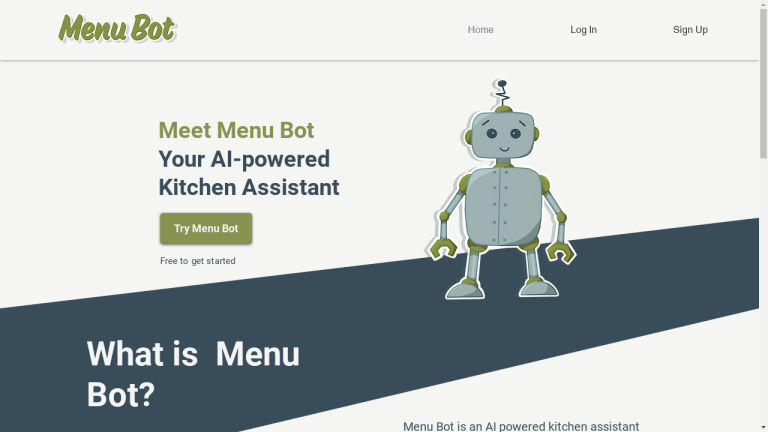 A screenshot of the Menu Bot website homepage featuring a logo, a header image, and various sections highlighting the features and pricing plans of the AI-powered kitchen assistant.