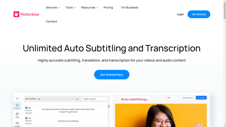 Motionbear logo with subtitle "AI-powered subtitle generation and transcription tool"