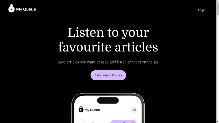 A person using a smartphone to access Myqueue and listen to an article.