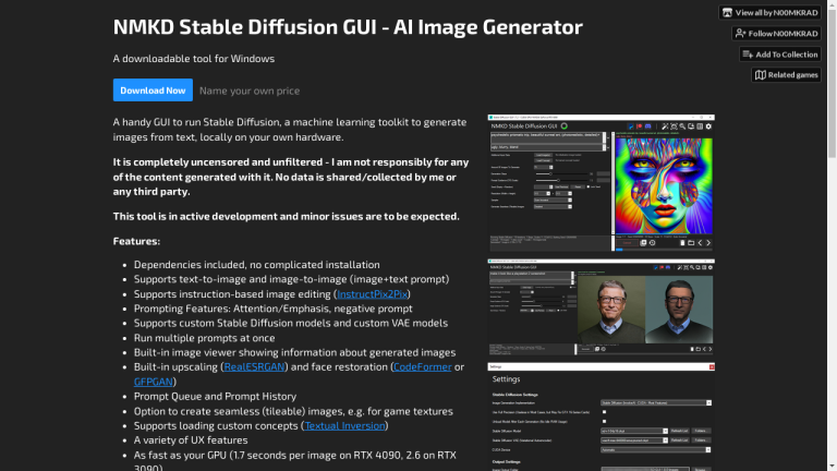 NMKD Stable Diffusion GUI is a machine learning toolkit for generating high-quality images from text, with features like multiple prompts, image editing, and face restoration. The tool offers a free plan and premium plans with more advanced features.