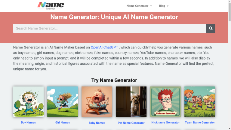 A computer screen displaying Name Generator, a tool for generating unique and catchy names based on provided keywords and preferences.