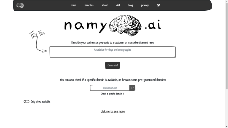 A computer screen displaying the Namy.ai website with the tagline "AI-powered domain name generator" and a search bar for generating domain names.