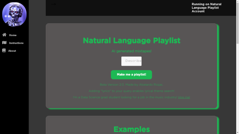 A screenshot of the Natural Language Playlist website, showing a search bar and various playlist options.