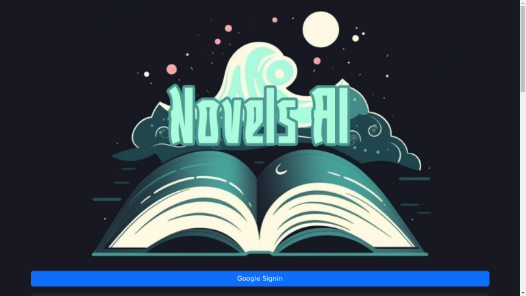 Novels AI logo with text "Novels AI" in white letters against a blue background.
