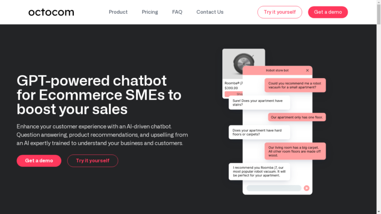 An image of Octocom's chatbot interface with personalized product recommendations, instant response to queries, and cross-selling and upselling features.