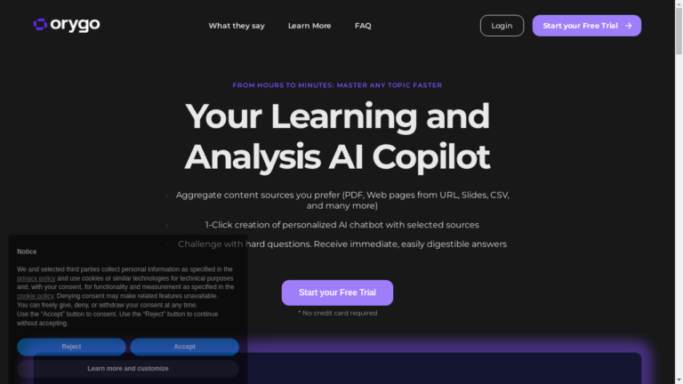 Orygo AI interface with different data sources and formats for analysis.