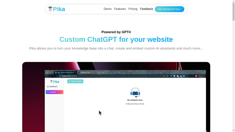 A screenshot of the Pika website showcasing its chatbot creation and management features.
