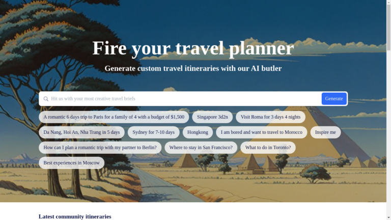 A laptop displaying the PlanTrips website with a beach background image and travel itinerary options.