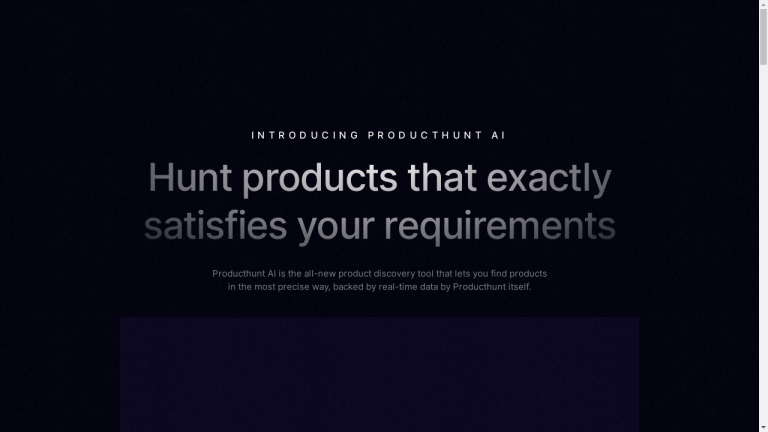 A screenshot of the Producthunt AI website showing a search bar and various recommended products.