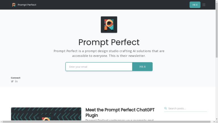 A text description of Prompt Perfect, an AI prompt design studio that offers user-friendly AI solutions, high-quality prompts, user-friendly tools, an informative newsletter, verified provider status, and a strong social media presence.