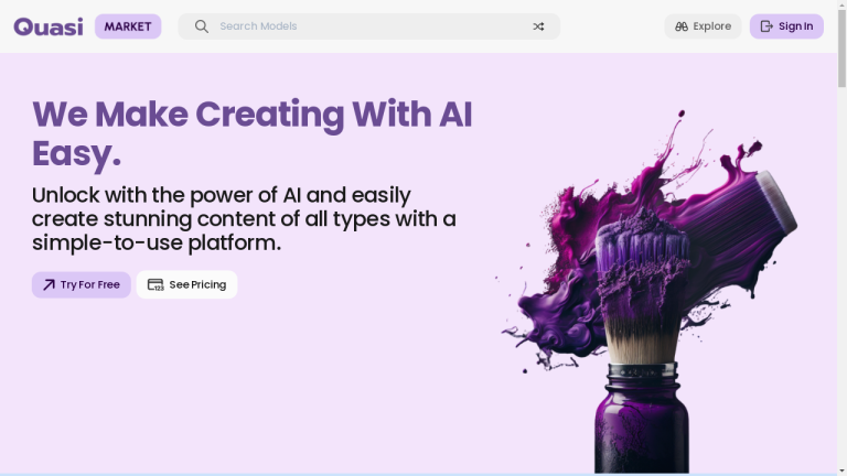 A graphic of Quasi Ventures Inc. homepage featuring various AI-powered tools and resources for creators.