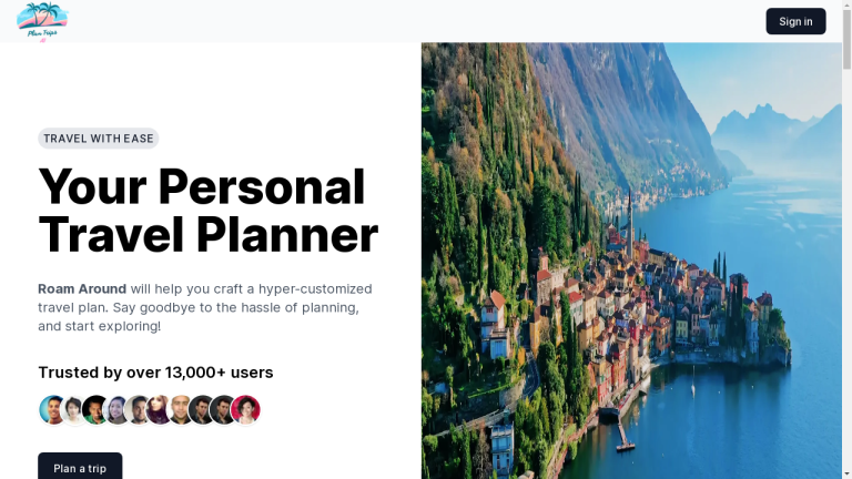 Roam Around App logo with text "Ultimate travel planning app. Powered by OpenAI's ChatGPT-4. Personalized itineraries and recommendations. Hassle-free exploration. Three pricing plans based on travel tokens."