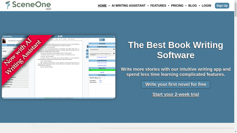 A screenshot of the Scene One web-based book writing software with the AI Writing Assistant, book-writing tools, custom wiki, and manuscript compilation and export features highlighted.