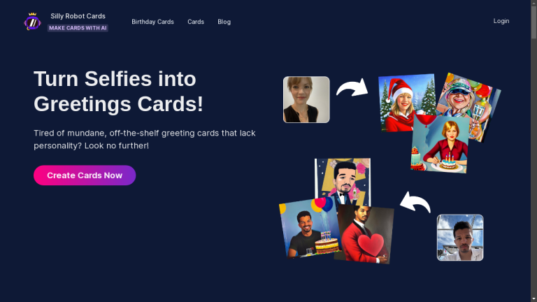 Silly Robot Cards is an AI-powered tool that allows users to create personalized greeting cards with their own photos. The image shows a woman holding a personalized card with a photo of her and her friend on the front cover.