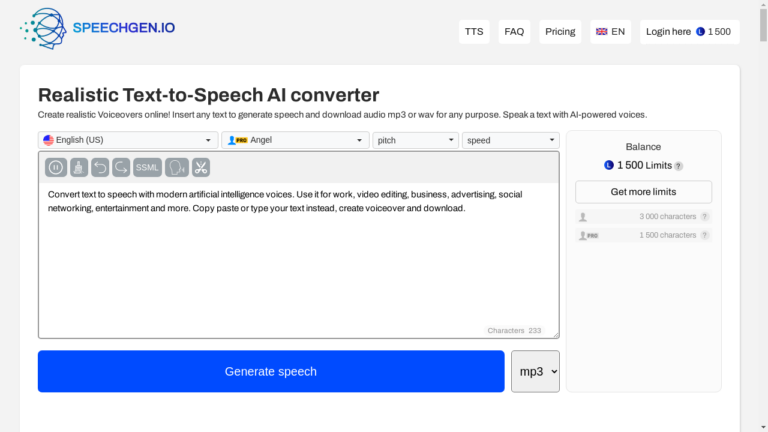 A screenshot of the SpeechGen.io text-to-speech platform showing the interface with customizable settings and multiple language options.