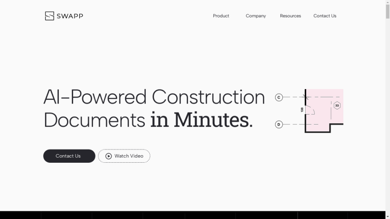 Swapp logo against a blue background with a tagline "AI for Construction Docs"