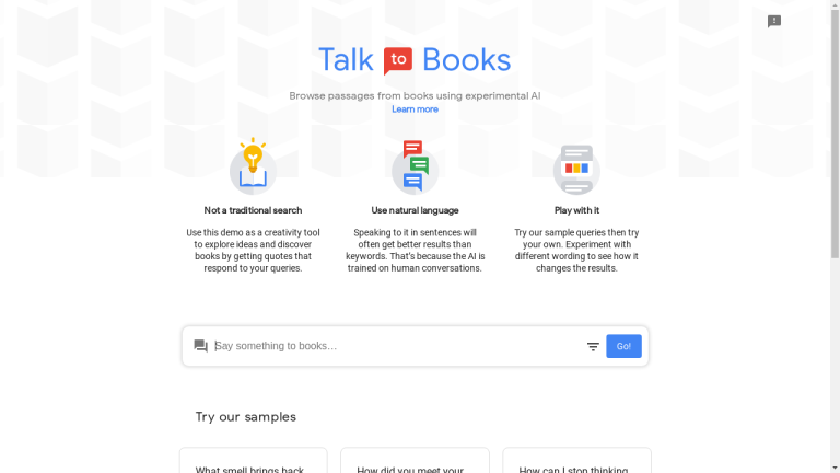 A promotional image for Talk To Books, featuring the logo and a screenshot of the search interface.
