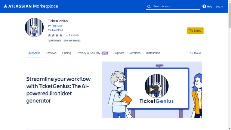 A computer screen displays the TicketGenius application, showing the user interface and a Jira ticket being generated through AI technology.
