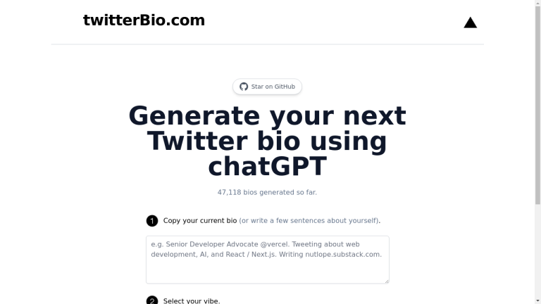 Image of a laptop screen displaying the TwitterBio website homepage with the tagline "Generate your perfect Twitter bio using AI technology" and a button to "Get Started".