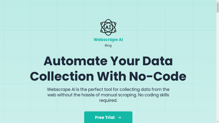 A screenshot of the WebscrapeAi website with the title "Automate Data Collection with AI-Powered Web Scraping" and different sections describing the features, pricing plans, and frequently asked questions.