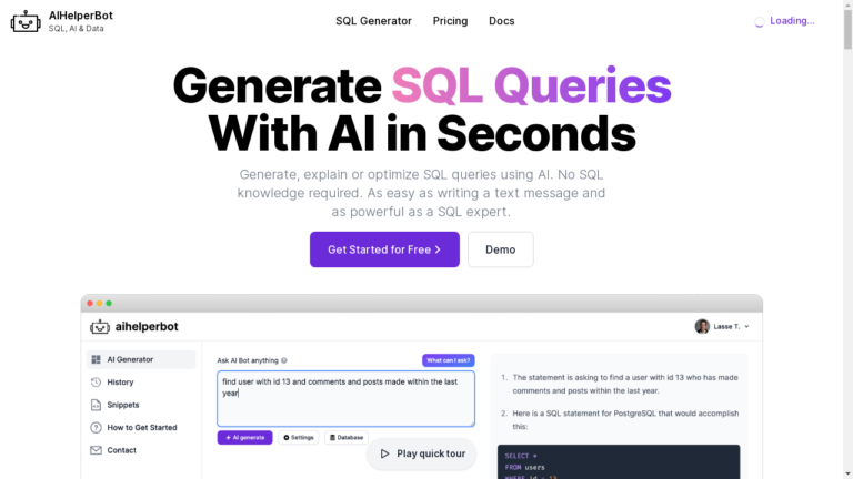 AIHelperBotSQL user interface with AI-generated SQL queries and optimization suggestions.