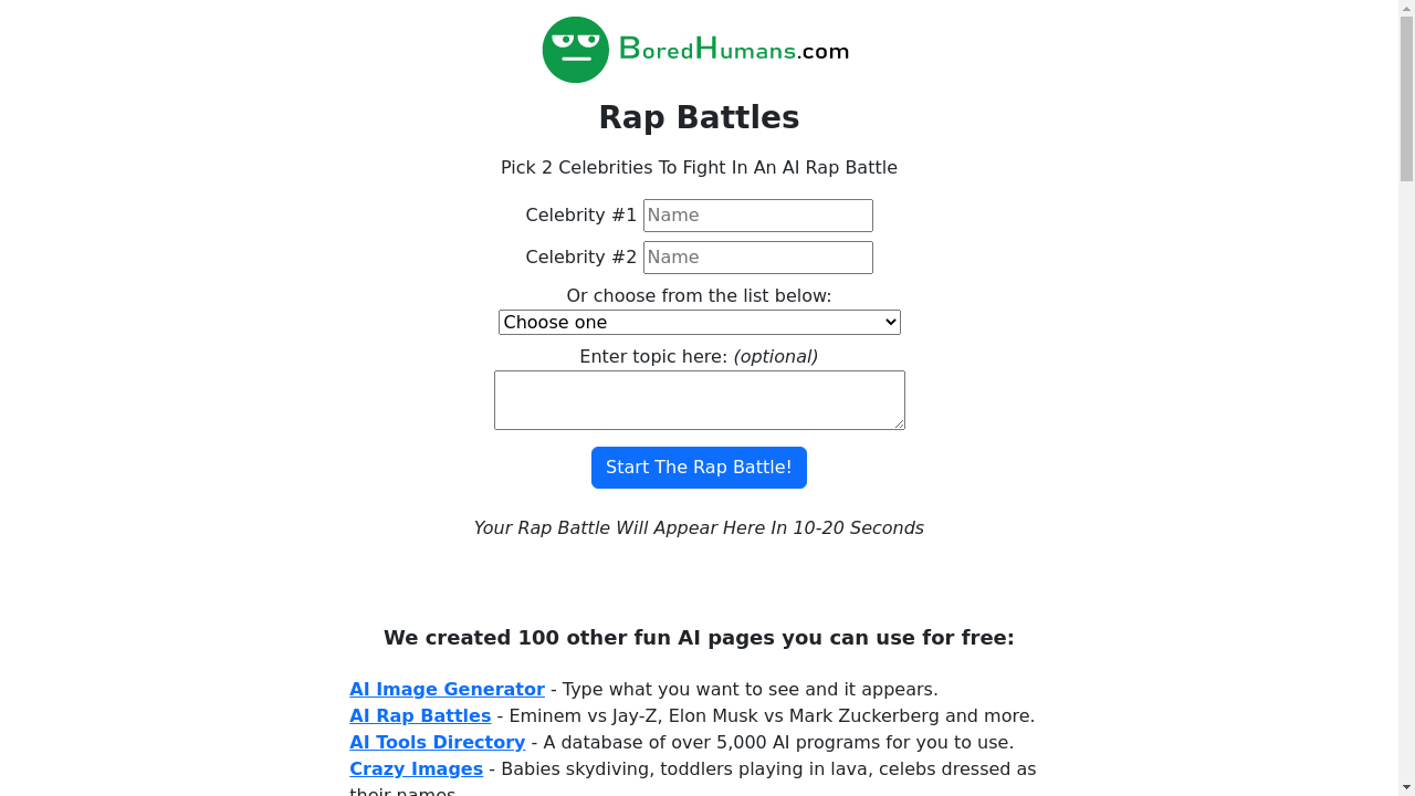 AI Rap Battles - Virtual rap battle between two AI-generated celebrities.