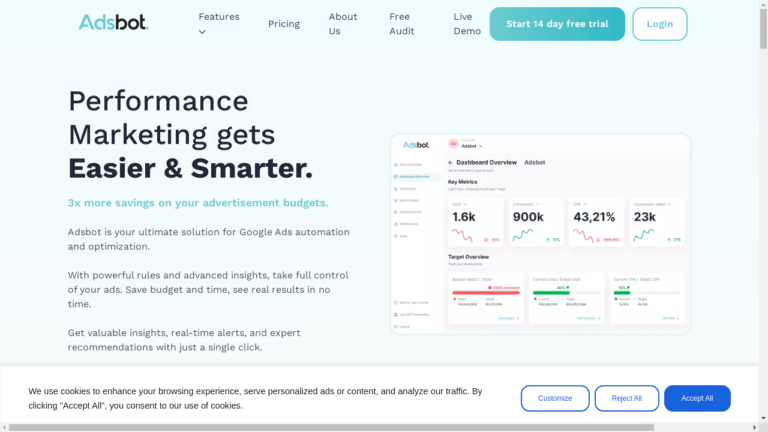 "A screenshot of the Adsbot dashboard, showcasing real-time campaign insights and automations."