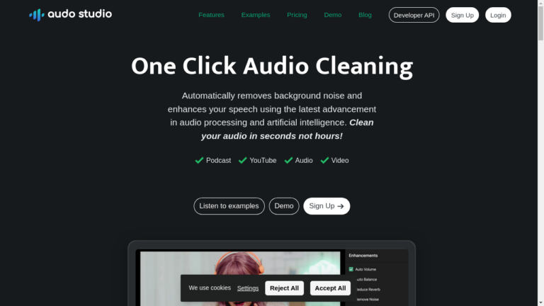 Audo Studio AI tool removes background noise and enhances audio quality.