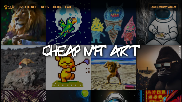 "Illustration of a diverse collection of digital artworks on Cheap NFT Art"