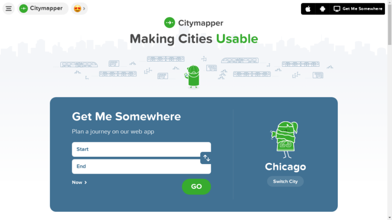 "Citymapper App Interface: Map with various transportation icons and route options"