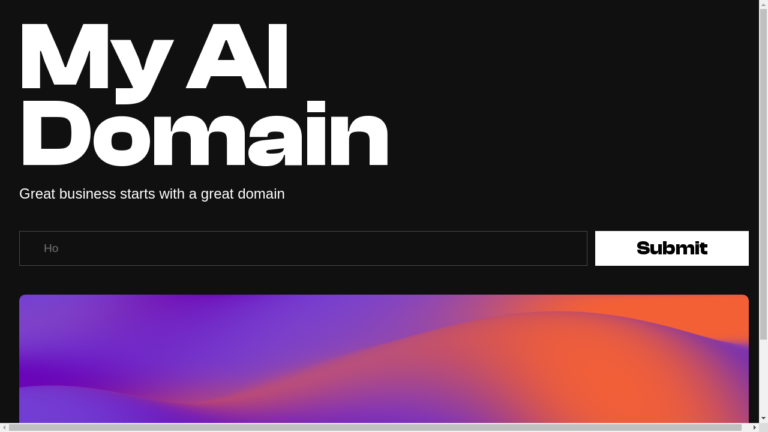Illustration of a futuristic AI-powered tool generating domain name suggestions