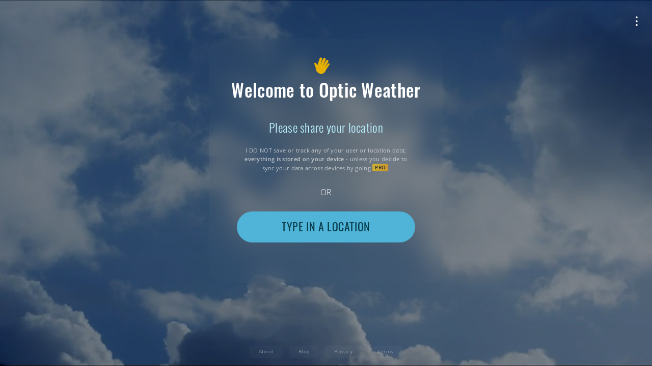 Optic Weather app showcasing immersive weather experience with video and music.