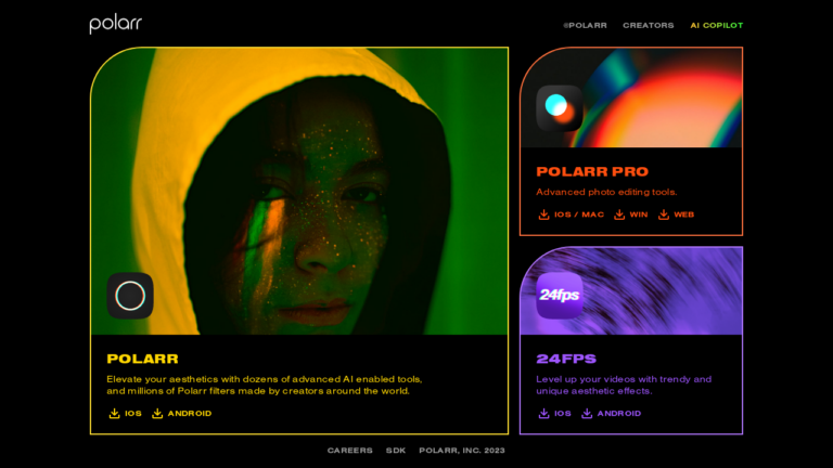 Polarr app interface showcasing advanced editing tools and filters