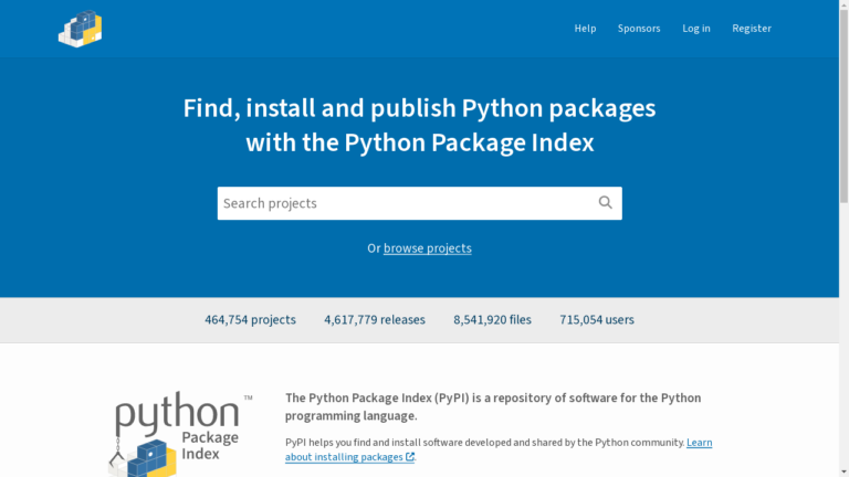 A screenshot showcasing PyPI's extensive collection of Python packages and libraries.
