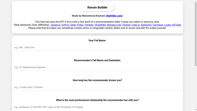 "Screenshot of Recom Builder generating a recommendation letter"
